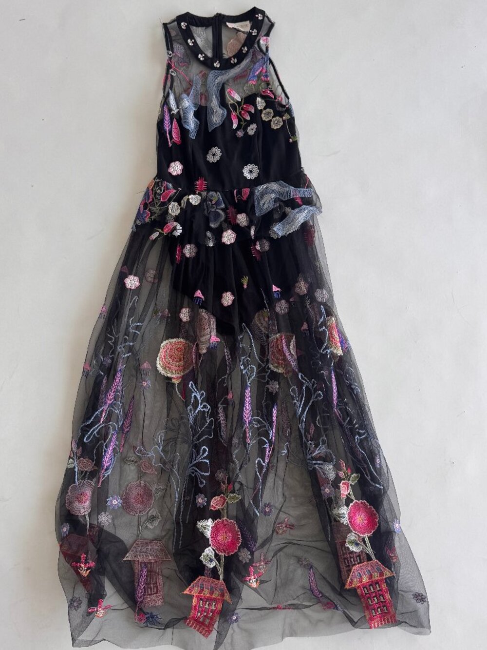 L'ATISTE Paris Embroidered Mesh Maxi Dress | Size S